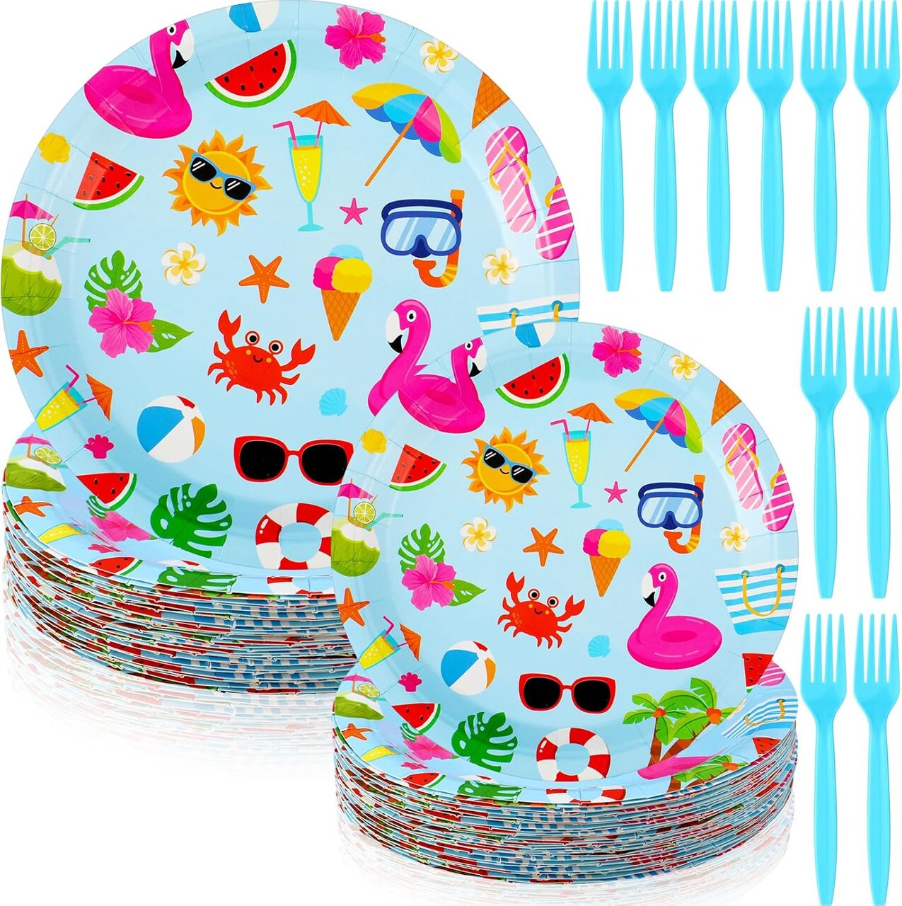 90 Pcs Summer Pool Party Paper Plates and Forks Pool Party Supplies